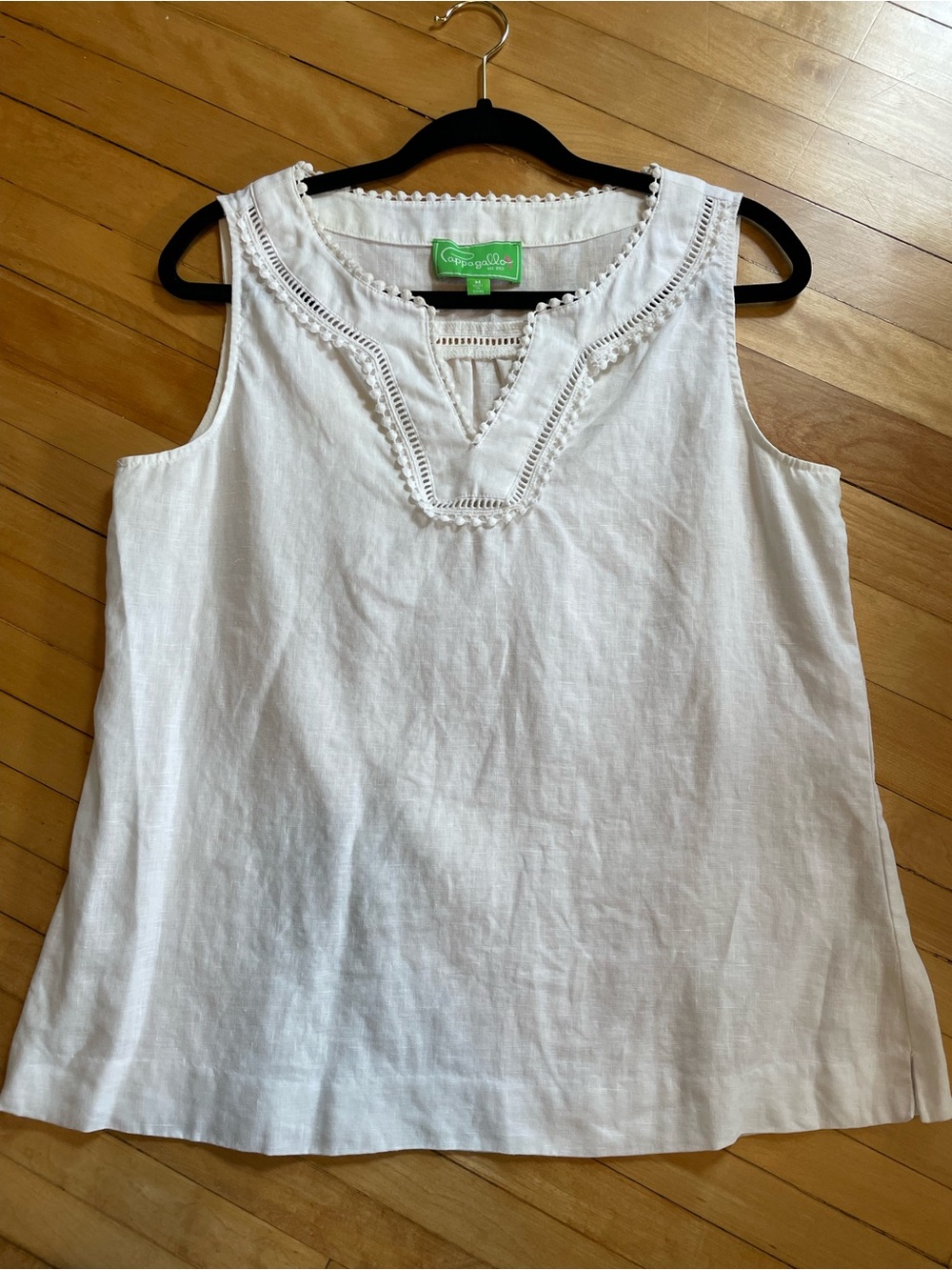 PAPPAGALLO White Linen Sleeveless Top Blouse Crochet Ladder Lace Trim Resort